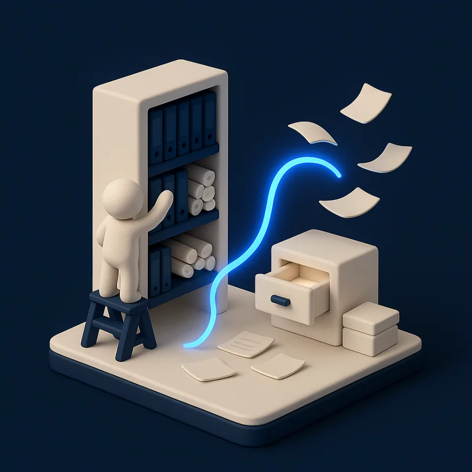 Ilustração isométrica de uma central de documentos com fluxos automatizados